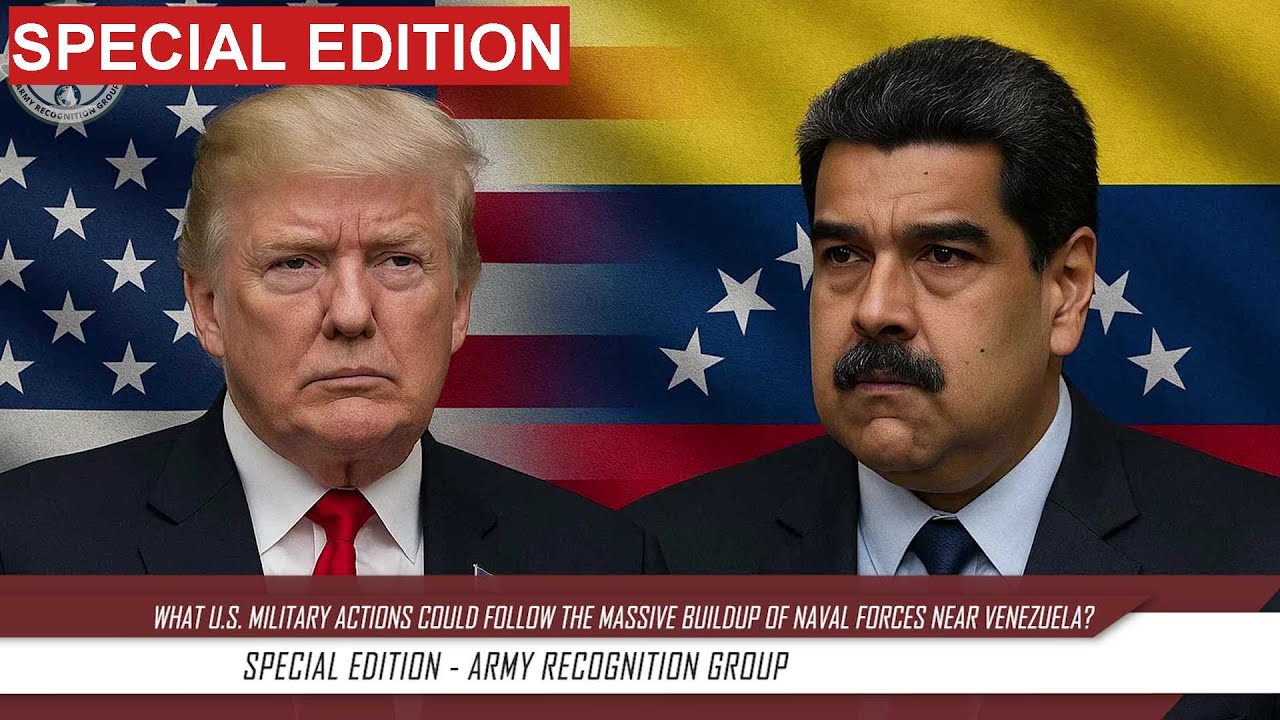 ArmyRecognition's tweet card. What U.S. military actions could follow the massive buildup of naval...