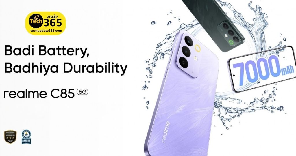 techupdate365's tweet card. Realme C85 5G भारत में लॉन्च हो गया है। इसमें 7000mAh की दमदार बैटरी, Dimensity 6300 प्रोसेसर और IP69 Pro रेटिंग मिलती है। जानें Realme C85 5G Price in India, फीचर्स और Sale Date.