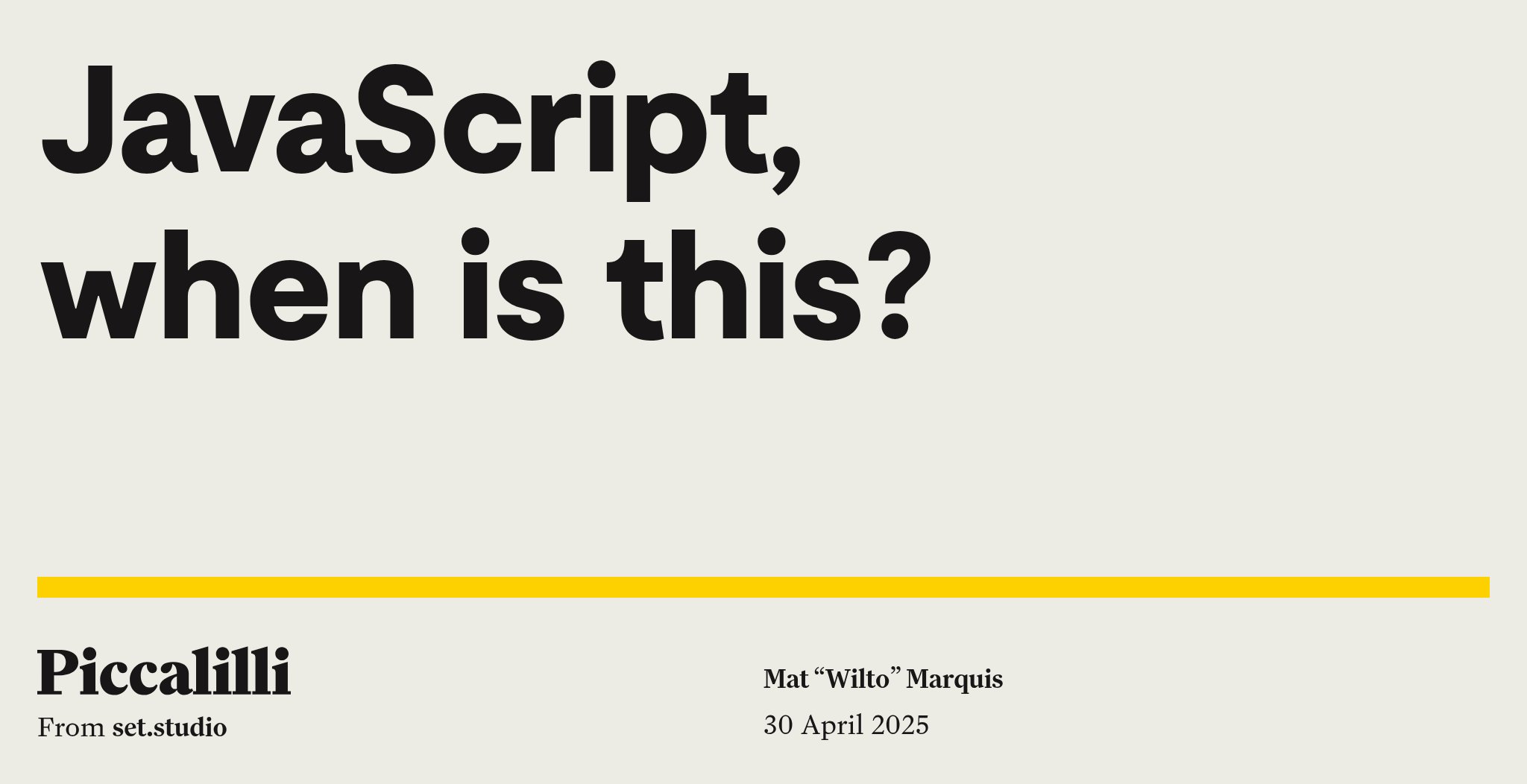 RunJS_app's tweet card. JavaScript’s “this” keyword trips up all developers — junior and senior. In the first of two parts, Mat Marquis goes deep on the groundwork you need to better understand “this” and how it works.