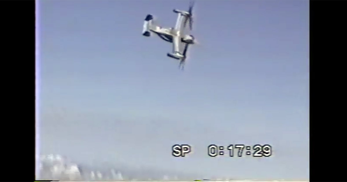 AviationHumor's tweet card. V-22 Osprey tilt-rotor aircraft conducting a complete 360-deg roll.