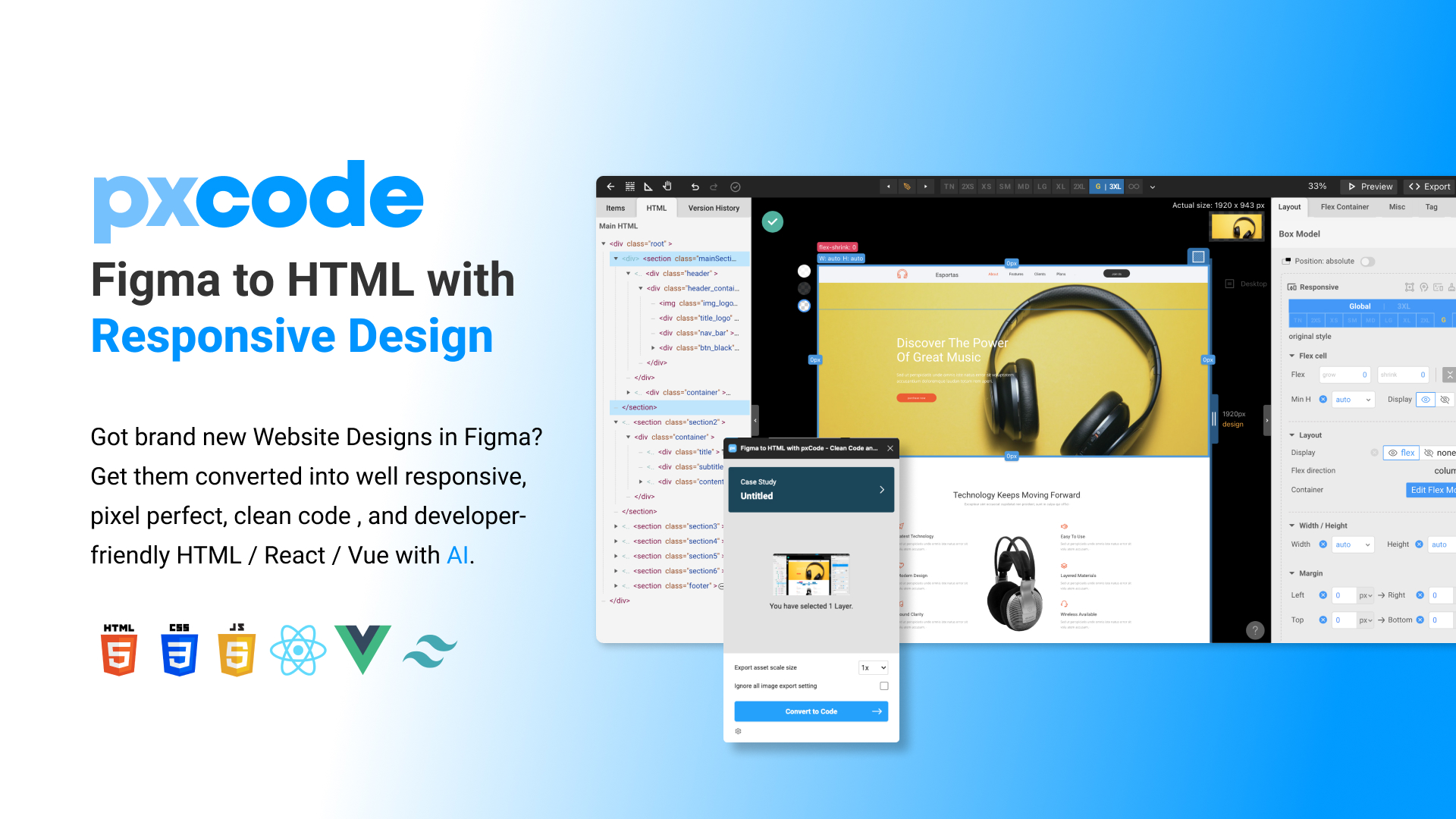 px_code's tweet card. 🚀 Easily convert your design into Fully Responsive HTML CSS / React / Vue / Tailwind Over 240,000 people have downloaded pxCode! No auto layout required! Got brand new website UI designs in Figma?...