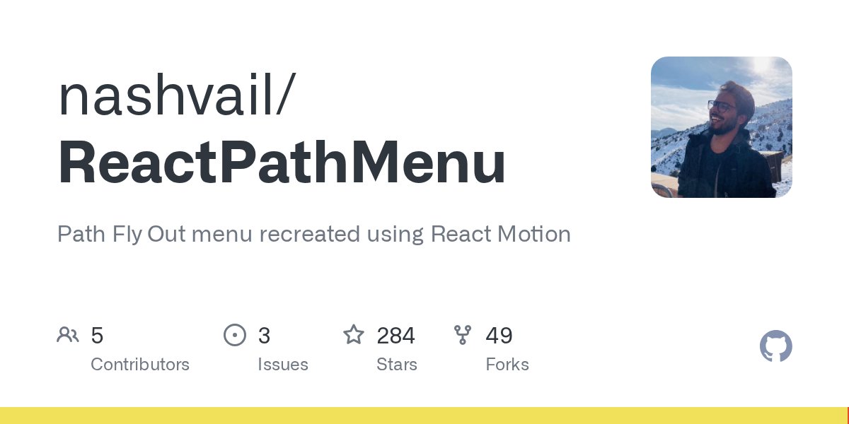 NashVail's tweet card. Path Fly Out menu recreated using React Motion. Contribute to nashvail/ReactPathMenu development by creating an account on GitHub.