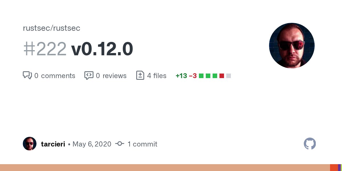 RustSec's tweet card. Update rustsec crate to v0.20 (Update rustsec crate to v0.20 #221) Regenerate lockfile after cargo audit fix (Regenerate lockfile after cargo audit fix #219) Update dependencies; MSRV 1.40+ (Cargo....