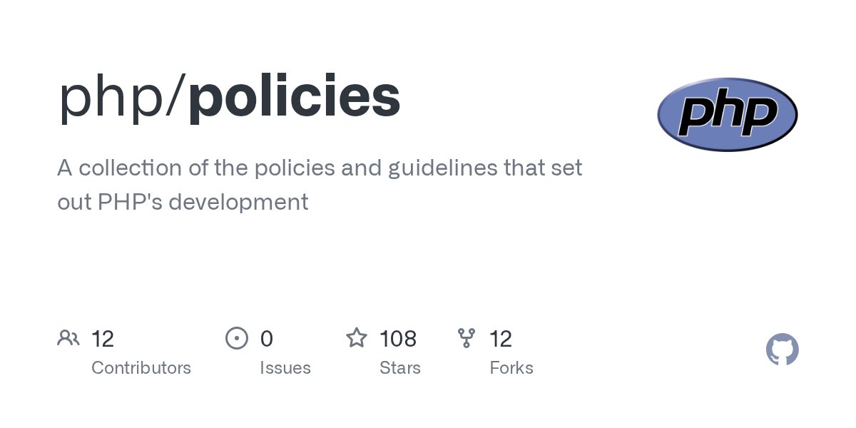 official_php's tweet card. A collection of the policies and guidelines that set out PHP's development - php/policies
