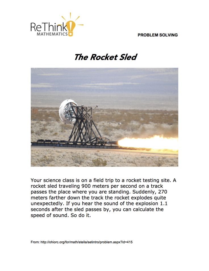 rethinkmath's tweet card. A rocket sled traveling 900 meters per second on a track passes the place where you are standing. Suddenly, 270 meters farther down the track the rocket explodes quite unexpectedly. If you hear the...