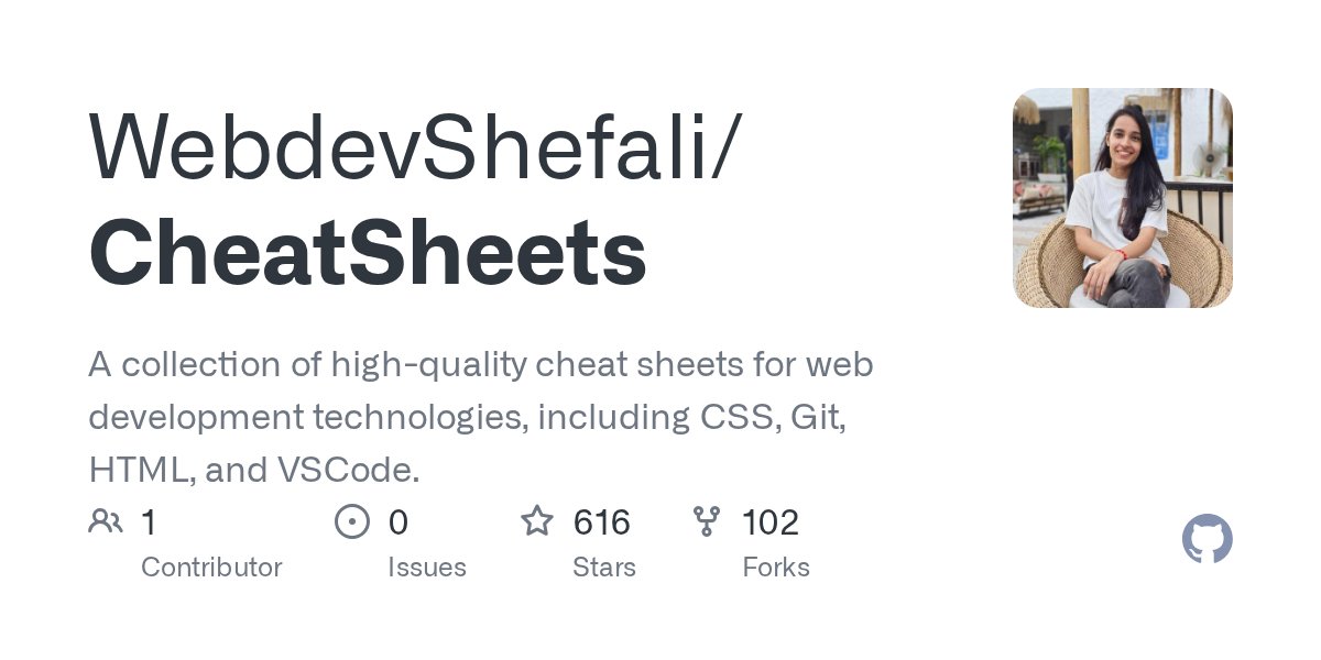 Shefali__J's tweet card. A collection of high-quality cheat sheets for web development technologies, including CSS, Git, HTML, and VSCode. - WebdevShefali/CheatSheets