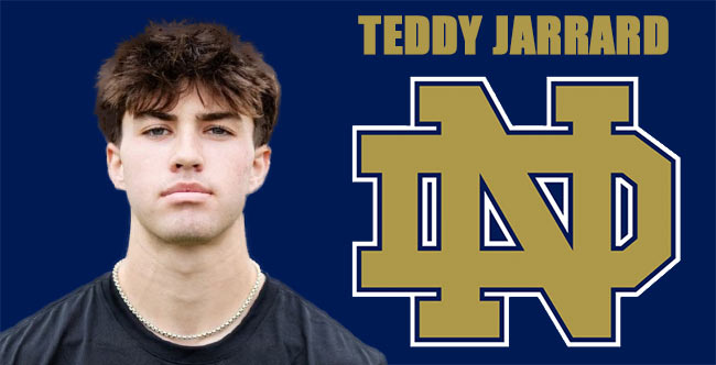 NDFBsched's tweet card. Notre Dame lands Teddy Jarrard for 2027. He is a huge QB recruit and will bring a lot to the Irish in 2027.