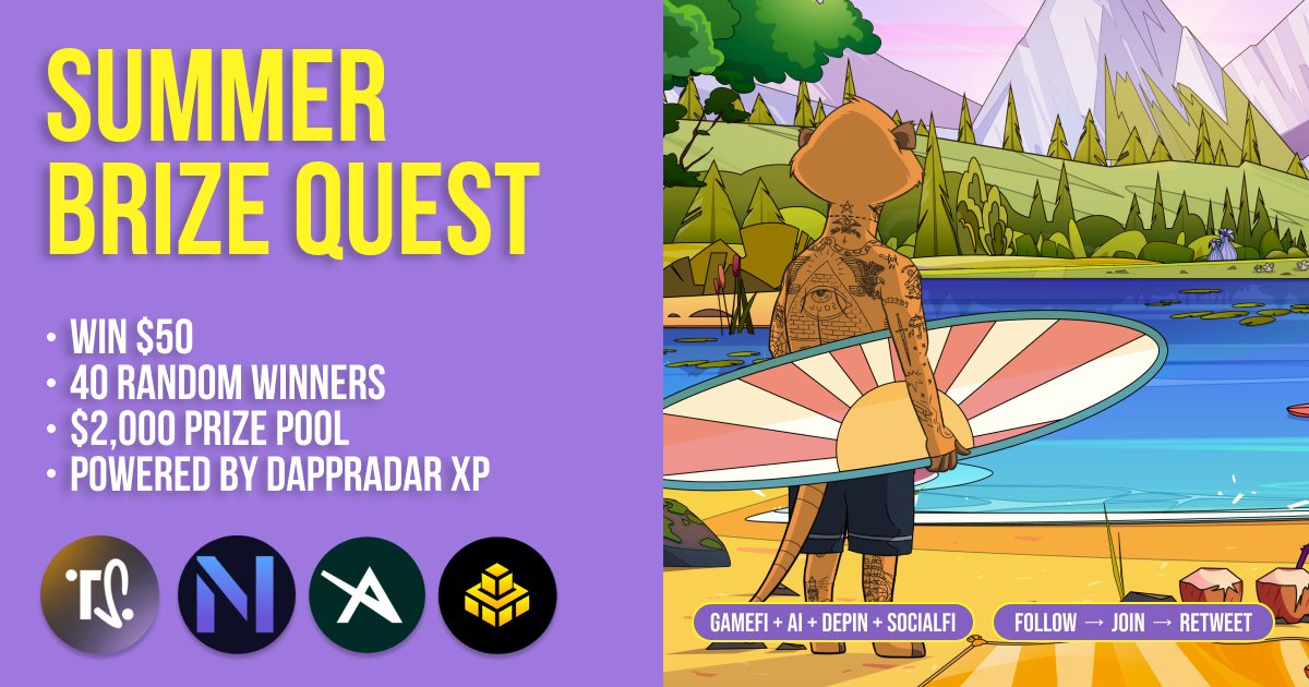 DappRadar's tweet card. Join the Quests on DappRadar. Complete actions, engage with the community, and win NFTs and tokens. Start your adventure now!