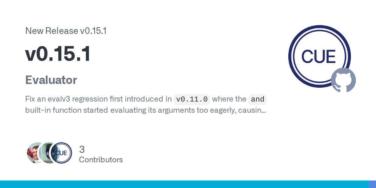 cue_lang's tweet card. Evaluator Fix an evalv3 regression first introduced in v0.11.0 where the and built-in function started evaluating its arguments too eagerly, causing failures in cue def. Fix an evalv3 regression wh...