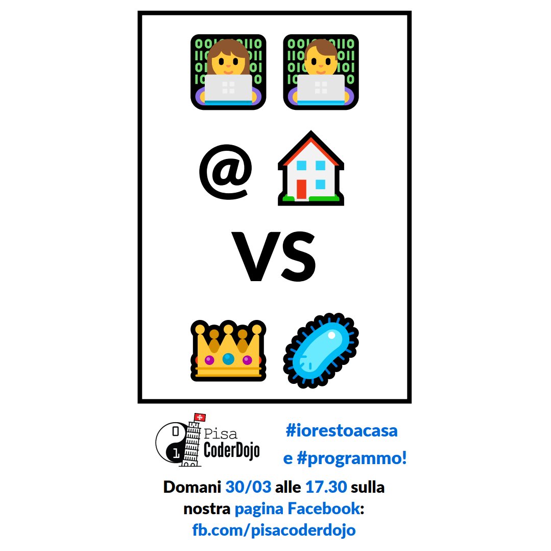 PisaCoderDojo's tweet card. PISA. Al via lunedì 30 marzo alle 17:30, con il patrocinio del Museo degli Strumenti per il Calcolo, la nuova iniziativa “#iorestoacasa e #programmo” progettata e realizzata da Pisa CoderDojo, un...