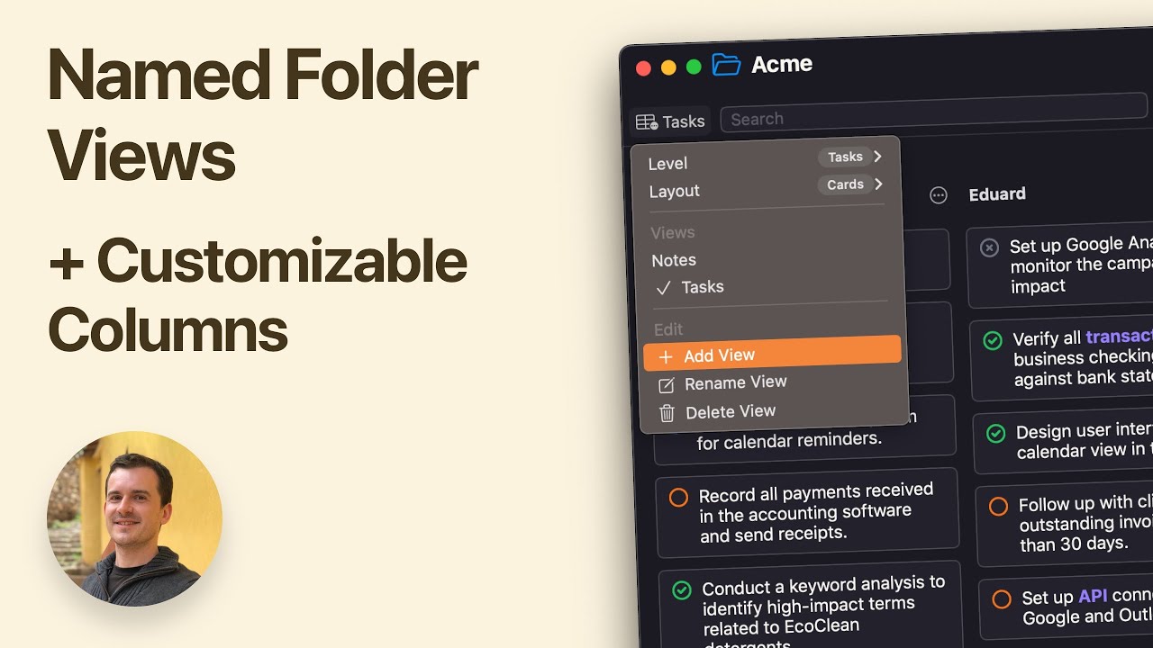 NotePlanApp's tweet card. Named Folder Views and Customizable Kanban Columns