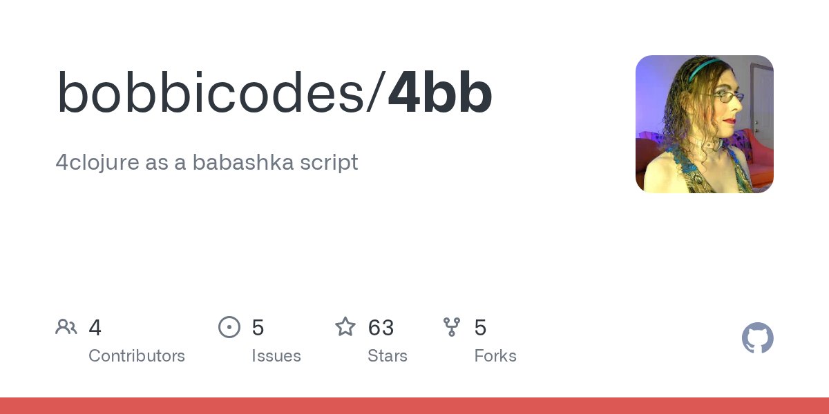 oss_clj's tweet card. 4clojure as a babashka script. Contribute to bobbicodes/4bb development by creating an account on GitHub.