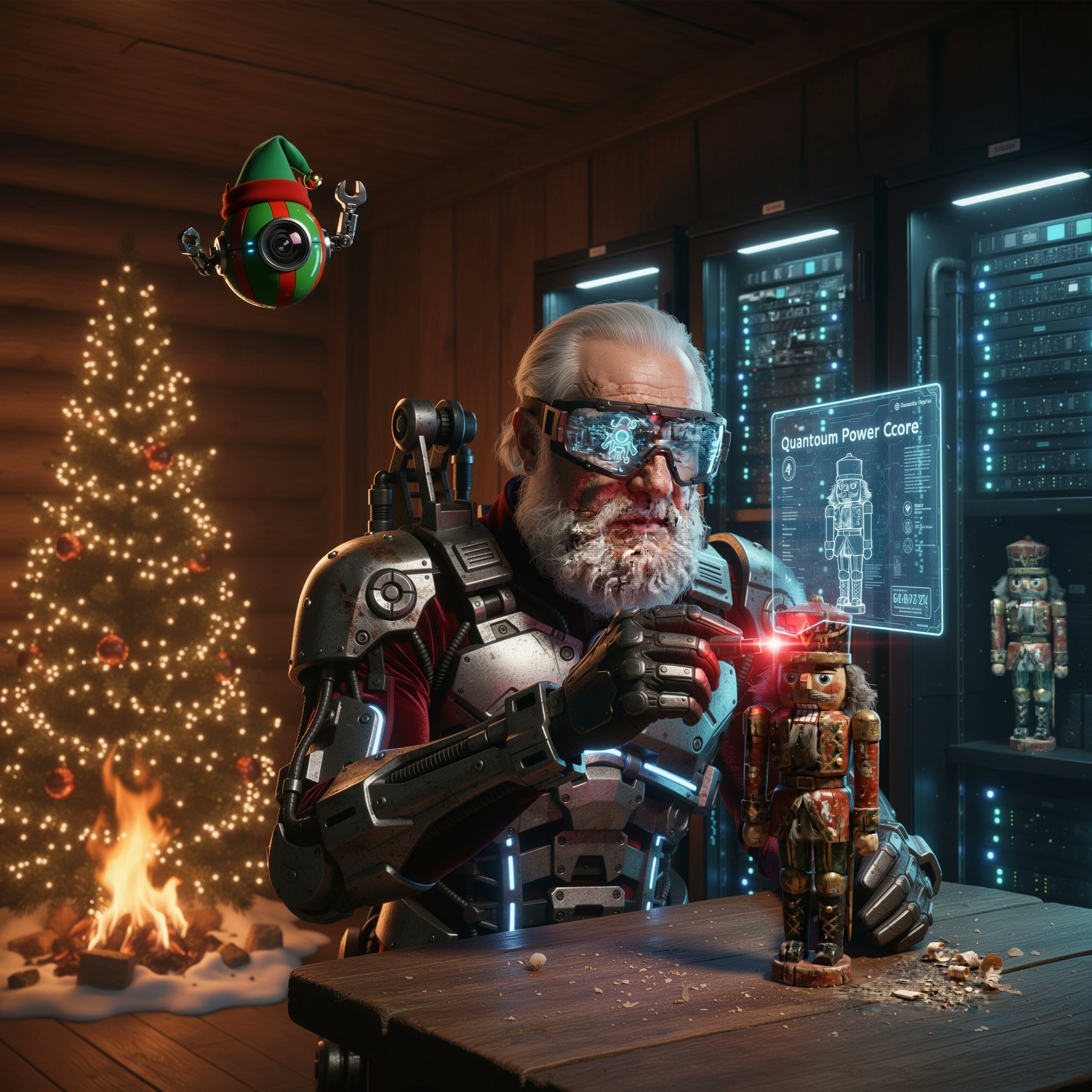 asynchronope's tweet card. "A high-tech workshop blending a rustic North Pole cabin with a futuristic server room. The left side is warm with a christmas tree made of glass in front of fireplace, while the right side is cold...