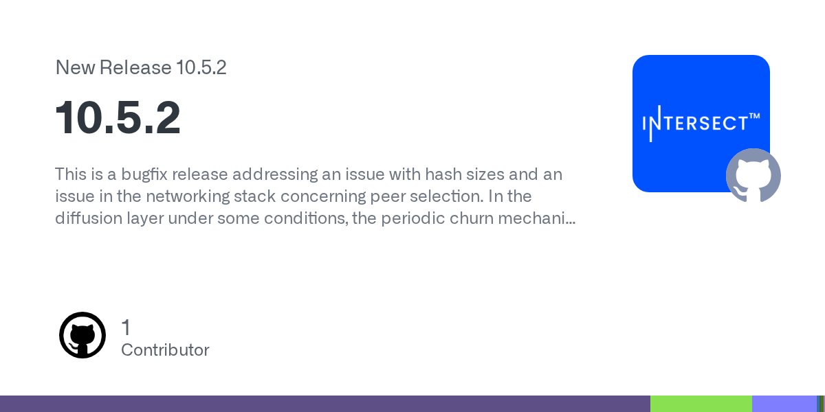 IntersectMBO's tweet card. This is a bugfix release addressing an issue with hash sizes and an issue in the networking stack concerning peer selection. In the diffusion layer under some conditions, the periodic churn mechan...
