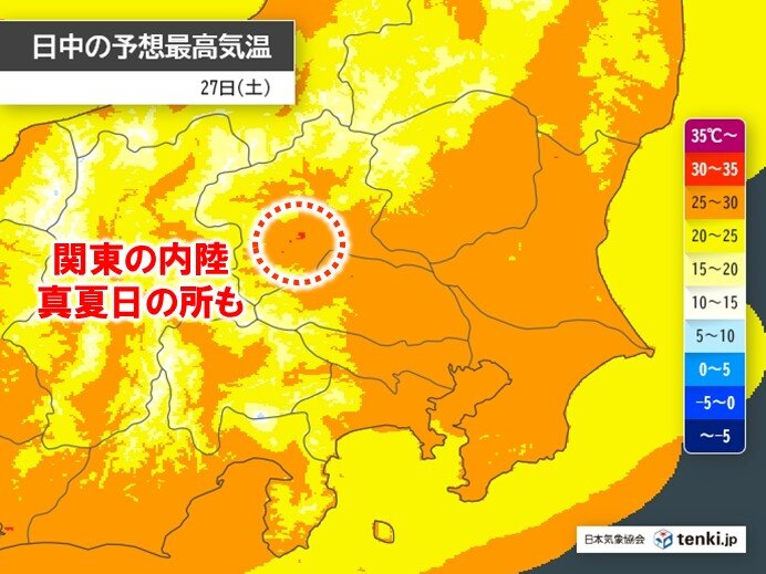 tenkijp's tweet card. 関東地方は、明日27日(土)も汗ばむほどの陽気に。最高気温は内陸で30℃以上の真夏日になる所もありそう。秋の深まりは感じられず、10月下旬にかけても平年より気温の高い状態が続くため、体調管理にご注意を。紅葉などに影響も。