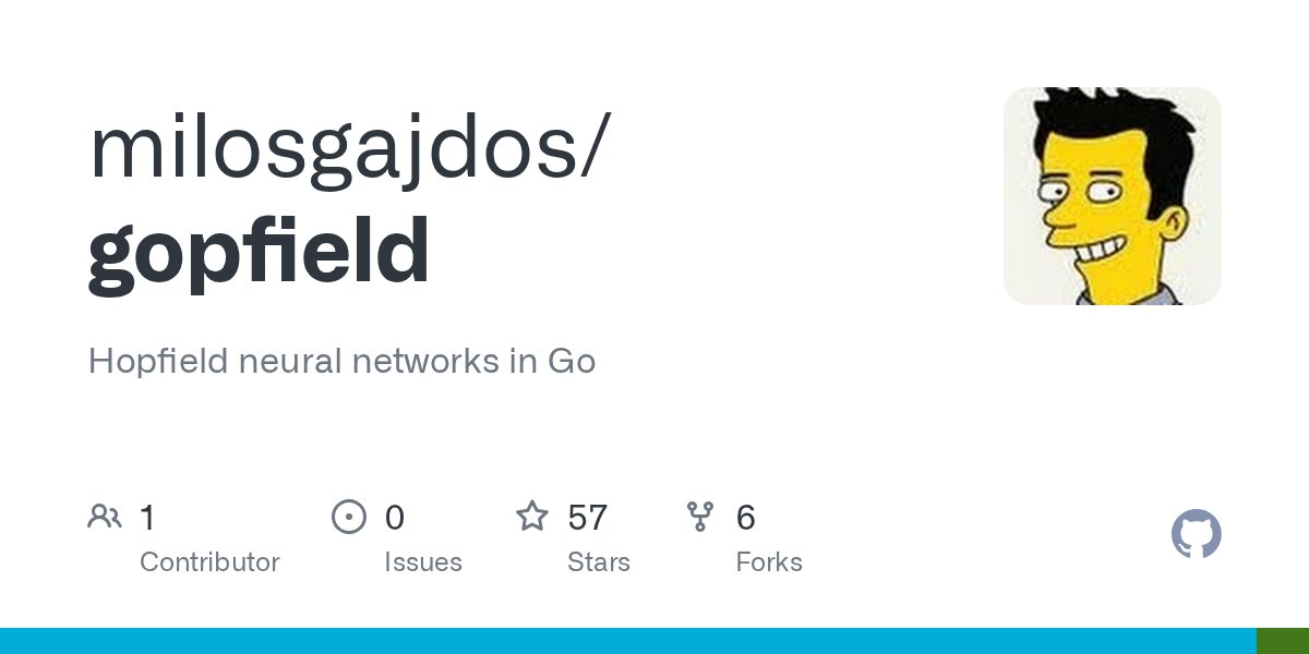 milosgajdos's tweet card. Hopfield neural networks in Go. Contribute to milosgajdos/gopfield development by creating an account on GitHub.