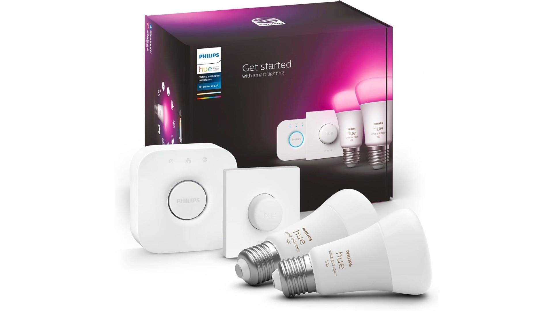 TuttoTechNet's tweet card. Il Philips Hue White & Color Ambience E27 Starter Kit è in offerta su Amazon con uno sconto del 50% sul listino