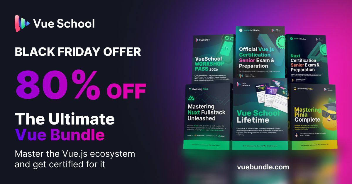 VueSchool_io's tweet card. Course bundles with all you will need to master the full Vue.js Ecosystem and the official Vue.js certification to prove it! Enjoy big savings the more you buy.
