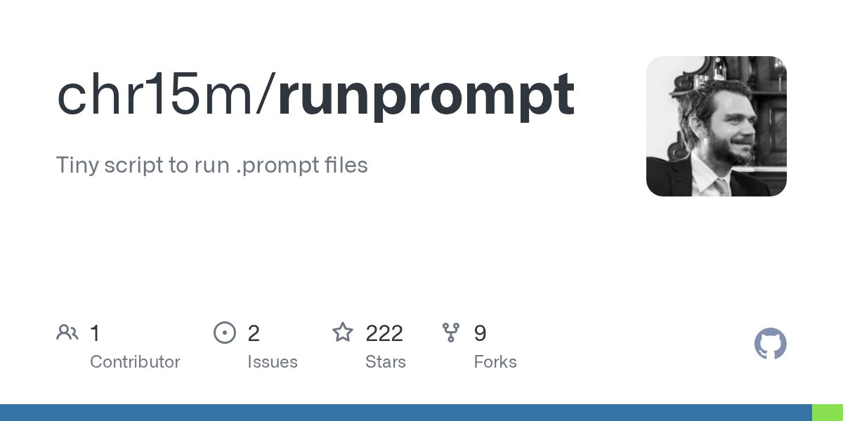 nacerbrk's tweet card. Tiny script to run .prompt files. Contribute to chr15m/runprompt development by creating an account on GitHub.