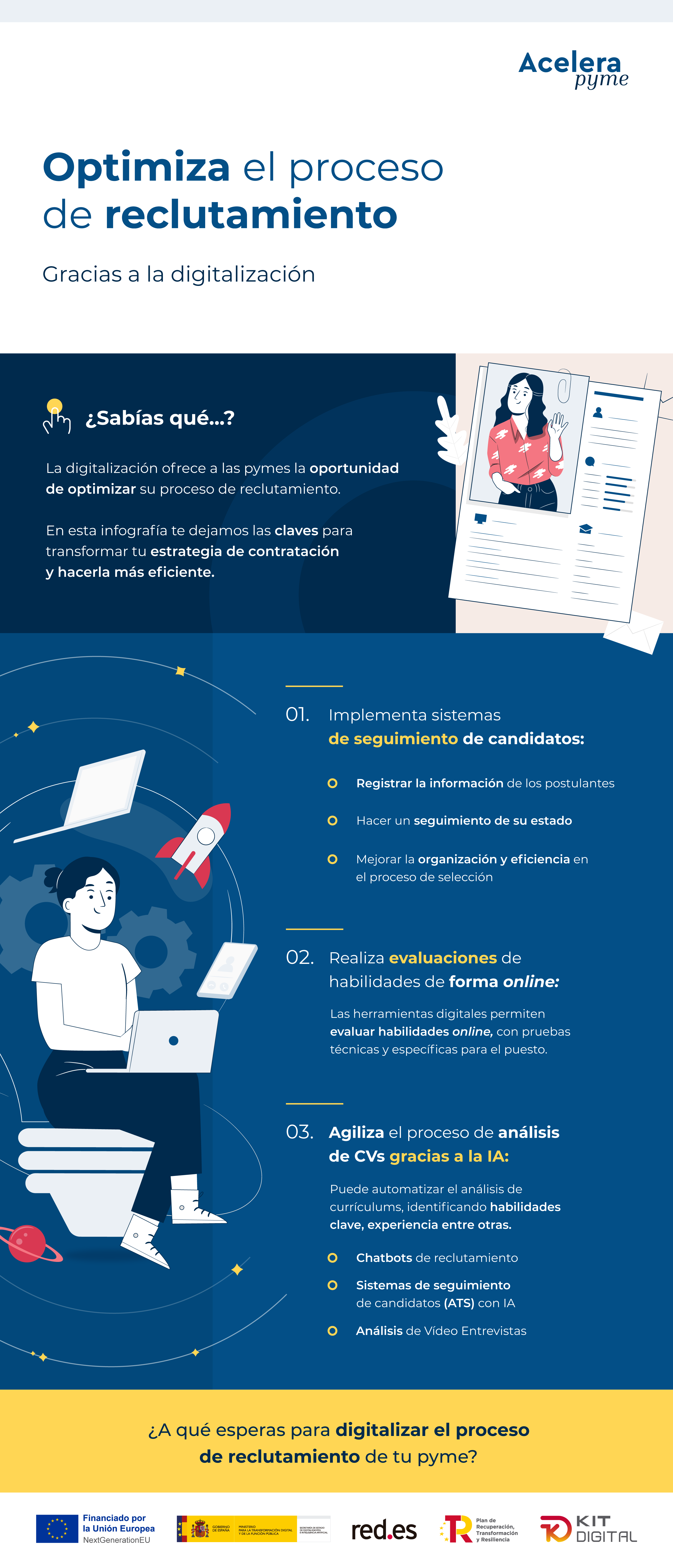 Acelerapyme's tweet card. Implementa sistemas de seguimiento de candidatos Estas plataformas te permitirán: Registrar la información de los postulantes. Hacer un seguimiento de su estado. Mejorar la organización y eficiencia...