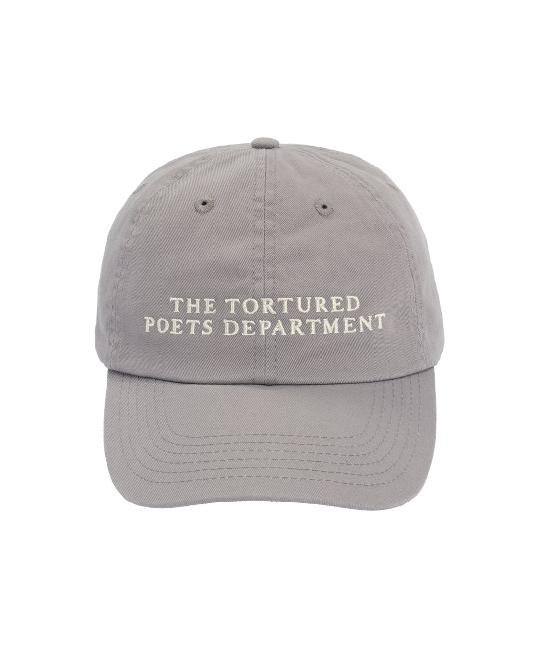 AlertsForMerch's tweet card. Smoke gray hat featuring "The Tortured Poets Department" embroidered on front and "TTPD" album logo embroidered on back. Adjustable back closure. 100% cottonLimit 1 per order. Taylor Swift® ©2024 TAS...