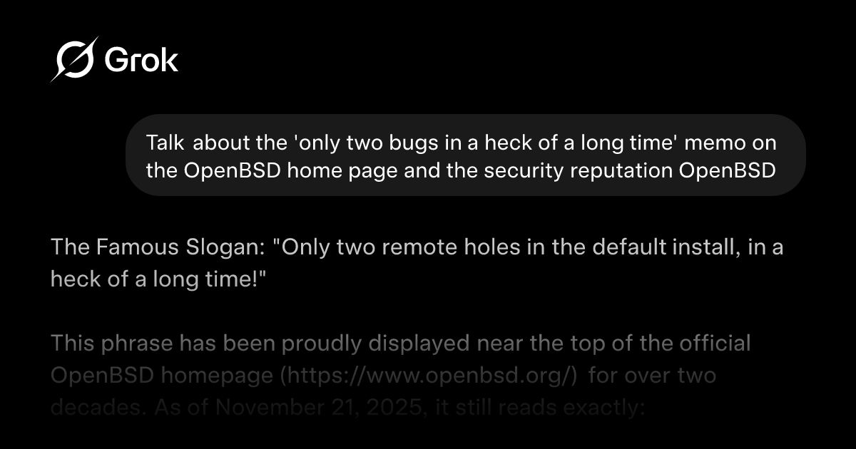 unix2mars's tweet card. Talk about the 'only two bugs in a heck of a long time' memo on the OpenBSD home page and the securi
