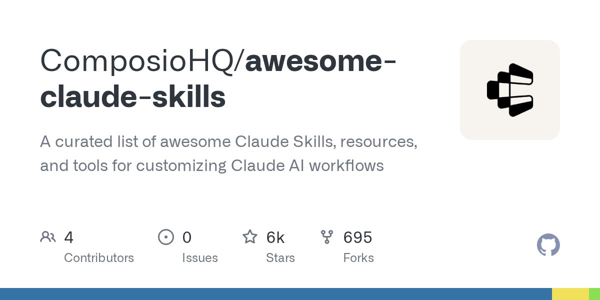 JefferyTatsuya's tweet card. A curated list of awesome Claude Skills, resources, and tools for customizing Claude AI workflows - ComposioHQ/awesome-claude-skills