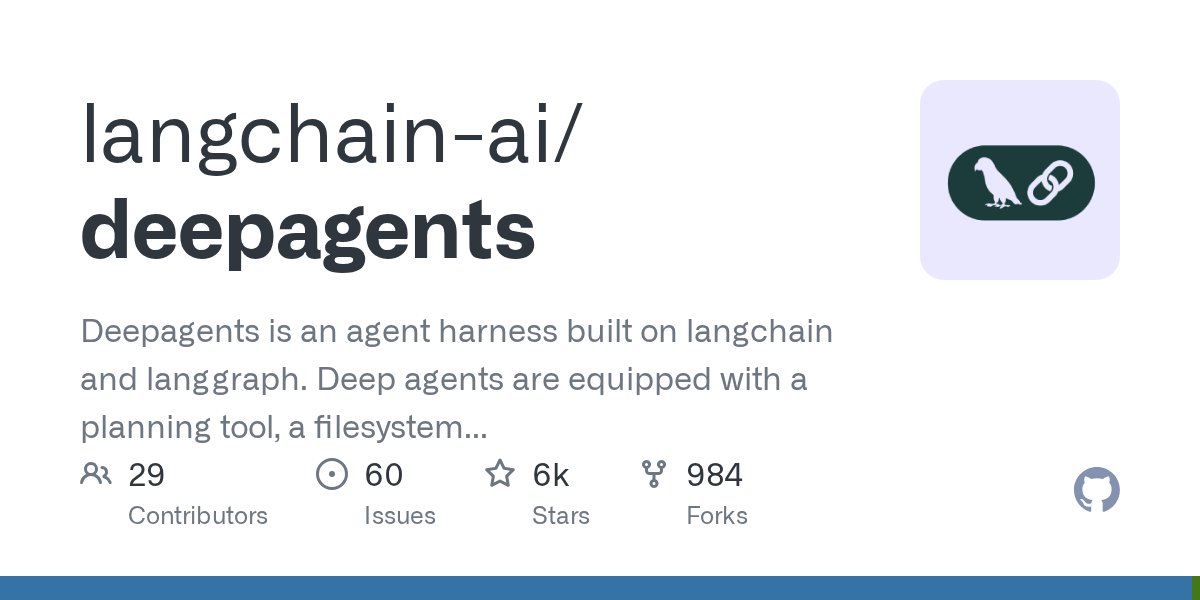 pythontrending's tweet card. Deepagents is an agent harness built on langchain and langgraph. Deep agents are equipped with a planning tool, a filesystem backend, and the ability to spawn subagents - making them well-equipped ...