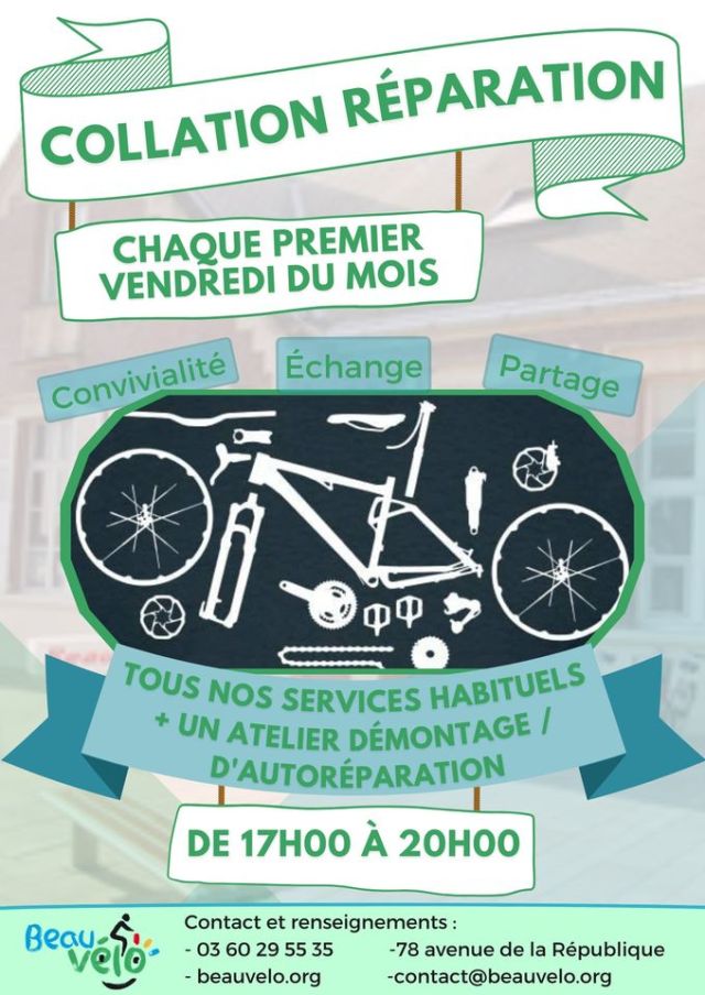 BvsEnTransition's tweet card. Chaque premier vendredi du mois, c’est Collation Réparation !Tous les services de Beauvélo sont étendus jusqu’à 20h00 !Pendant la Collation Réparation, l’atelier ouvert a tous nos…