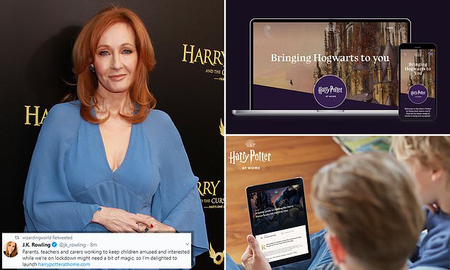PipersLibrary's tweet card. JK Rowling has announced plans to bring a dose of 'magic' to children, parents, and teachers during the coronavirus lockdown (pictured, Harry Potter At Home online hub as presented on a tablet).