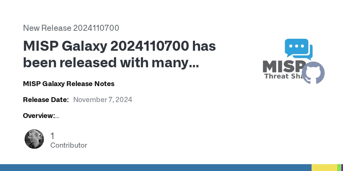MISPProject's tweet card. MISP Galaxy Release Notes Release Date: November 7, 2024 Overview: This release introduces a variety of updates and enhancements to the MISP galaxy and clusters. Highlights include updates to threa...