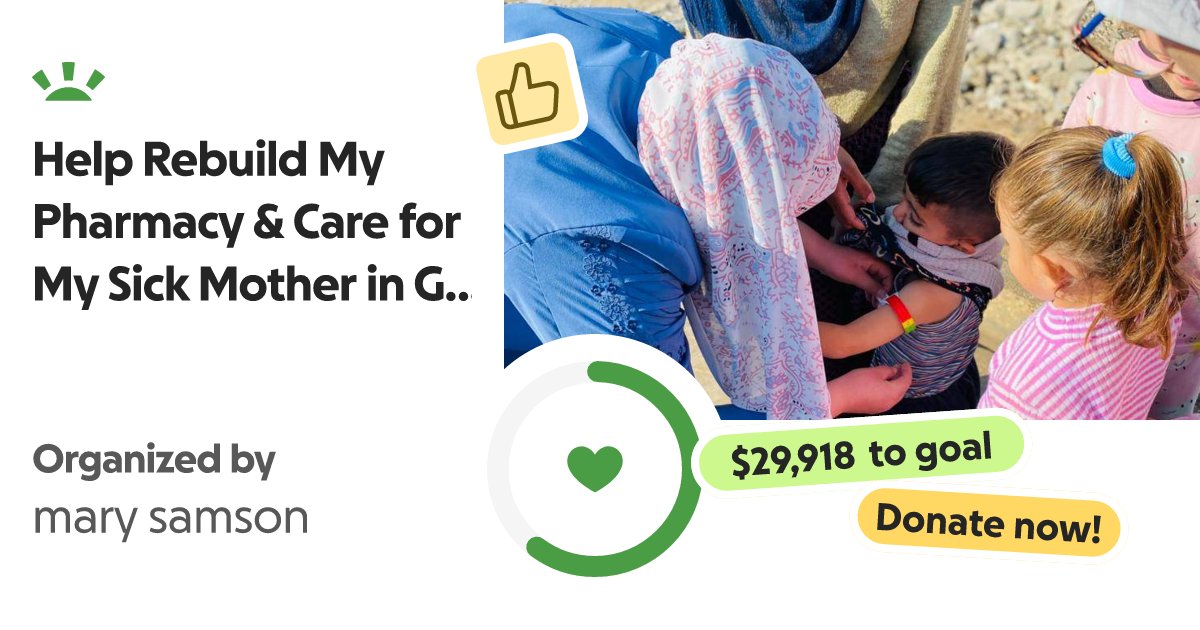 tahanifamily's tweet card. I'm Mary and I live in California, my dear friends in Gaza ar… mary samson needs your support for Help Rebuild My Pharmacy & Care for My Sick Mother in Gaza