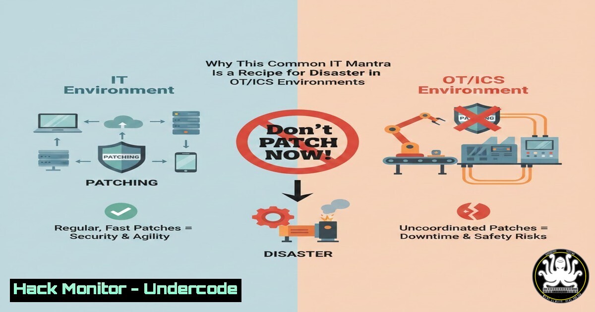 UndercodeUpdate's tweet card. Don't PATCH NOW! Why This Common IT Mantra Is a Recipe for Disaster in OT/ICS Environments - "Undercode Testing": Monitor hackers like a pro. Get real-time