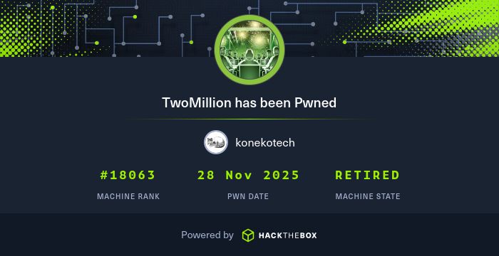 konekotech's tweet card. I have just owned machine TwoMillion from Hack The Box