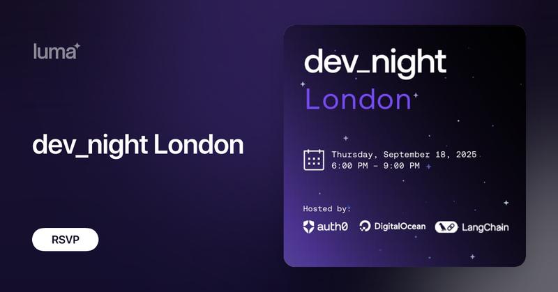 auth0's tweet card. dev_night London: From Prompt to Production [In-person event in London] This developer-focused meetup hosted by Auth0 in collaboration with DigitalOcean and…