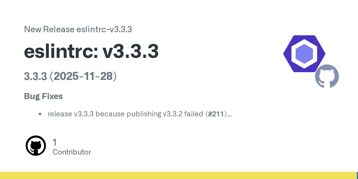 geteslint's tweet card. 3.3.3 (2025-11-28) Bug Fixes release v3.3.3 because publishing v3.3.2 failed (#211) (8aa555a)