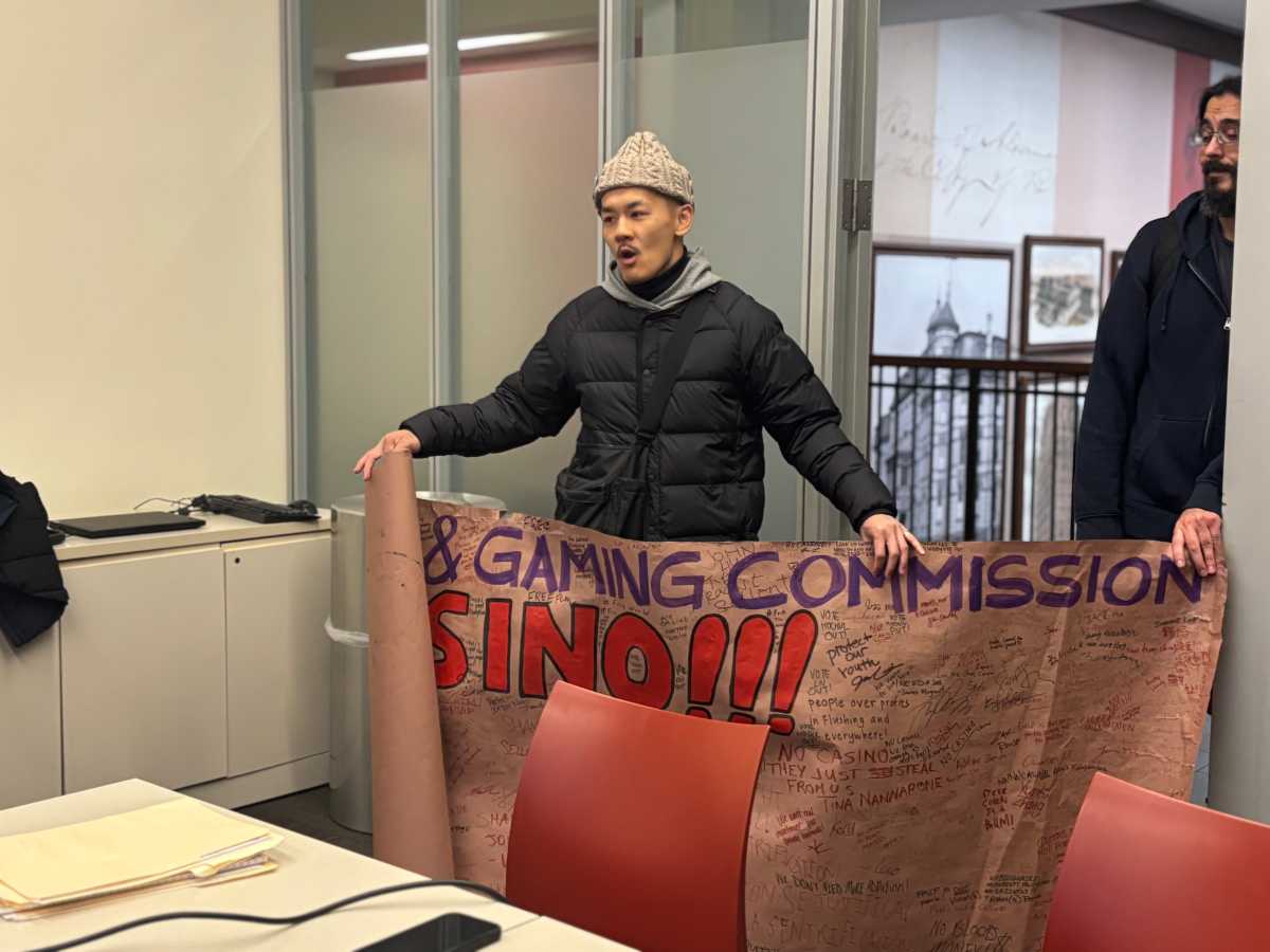 queenspost's tweet card. Anti-casino picketers confronted the state Gaming Facility Location Board during its meeting at St. John’s University on Nov. 17 after the board conducted