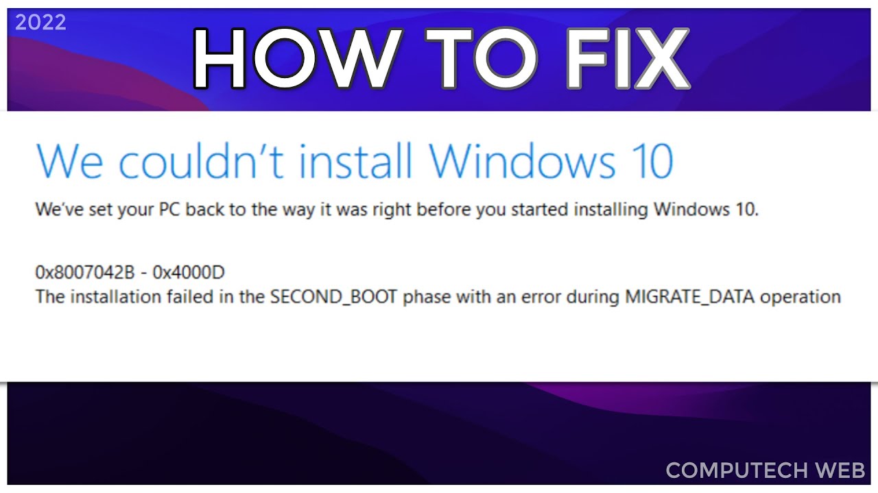 ComputechW's tweet card. How To Fix/Trou. We couldn't install Windows 10 Ox8007042B-Ox4000D...