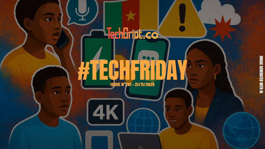 TechGriot's tweet card. #TechFriday: voice notes, fast charging, telecom tax, digital skills, Cloudflare outage, WhatsApp/Windows, 4K/8K, anti-distraction. Tech in a flash!