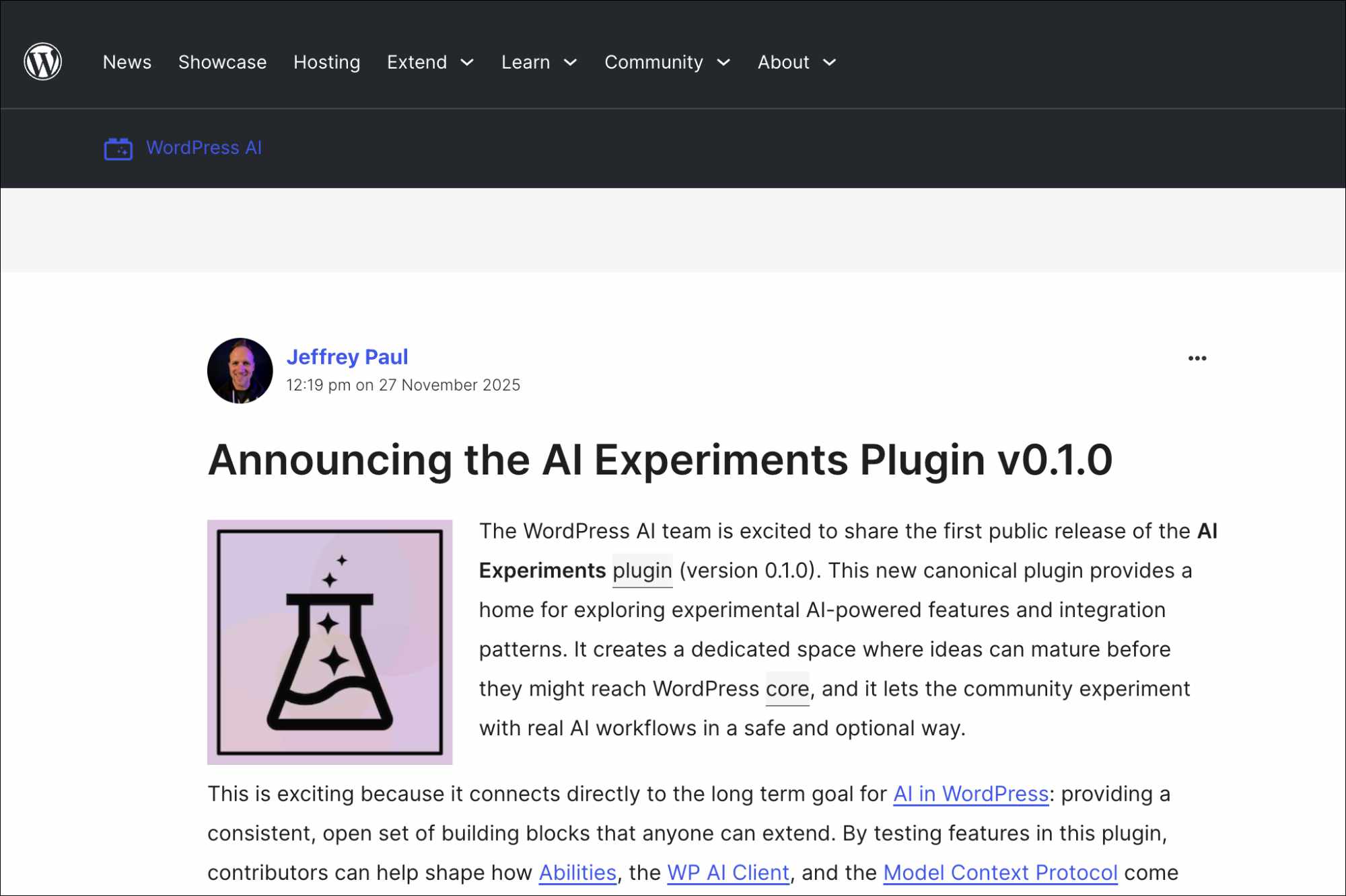 therepositorywp's tweet card. The first public release of the WordPress AI Team’s canonical plugin introduces an early editorial experiment, a developer framework for future features, and the first Abilities integrations ahead of…