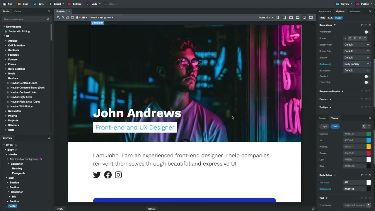 BootstrapStudio's tweet card. Designing Dark Mode Websites with Bootstrap Studio