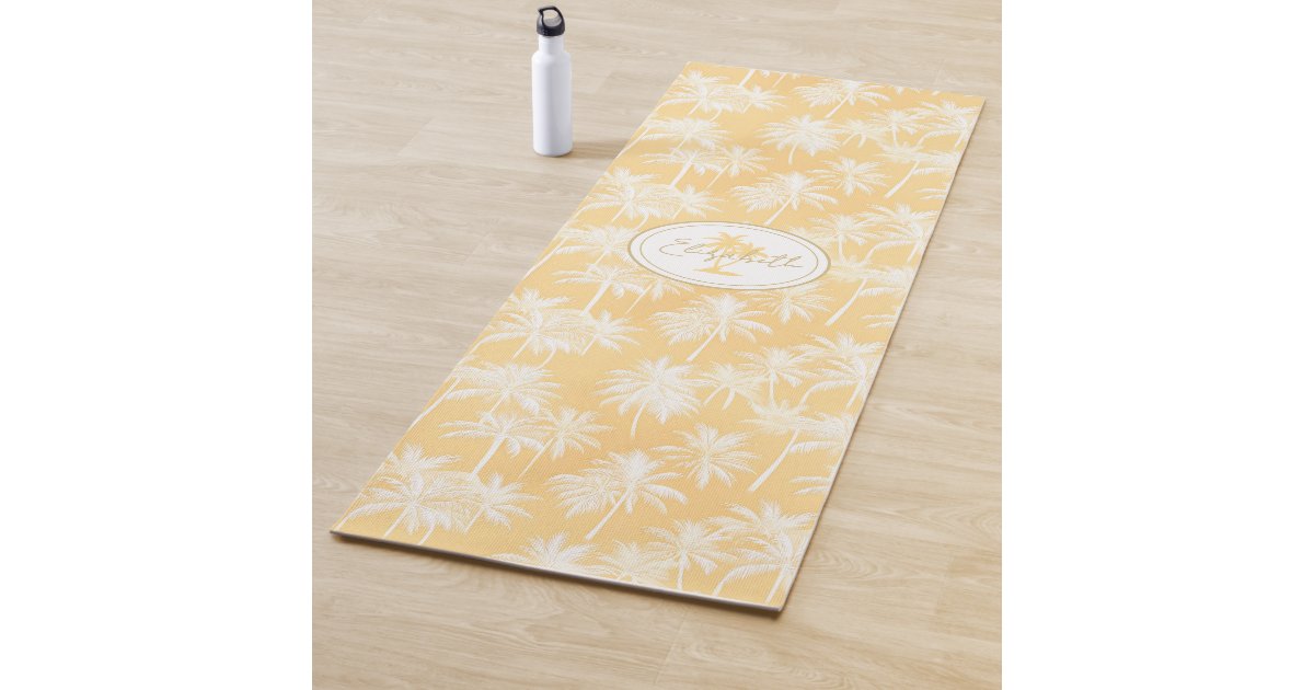 ArrayStores's tweet card. Bring tropical vibes to your day with this classic Hawaiian-inspired yoga mat design. Featuring lush white palm trees silhouetted against a summery background in shades of golden yellow, this pattern...