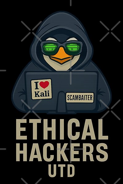 MJH379731768269's tweet card. Join the Code. Fight the Scams. Stay Ethical. “Ethical Hackers Utd” is a bold, cyber-styled design featuring a cool hoodied penguin hacker rocking neon green glasses and badges like I ❤️ Kali and...
