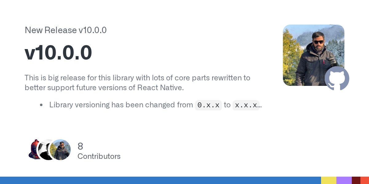 ammarahm_ed's tweet card. This is big release for this library with lots of core parts rewritten to better support future versions of React Native. Library versioning has been changed from 0.x.x to x.x.x hence the new v10....