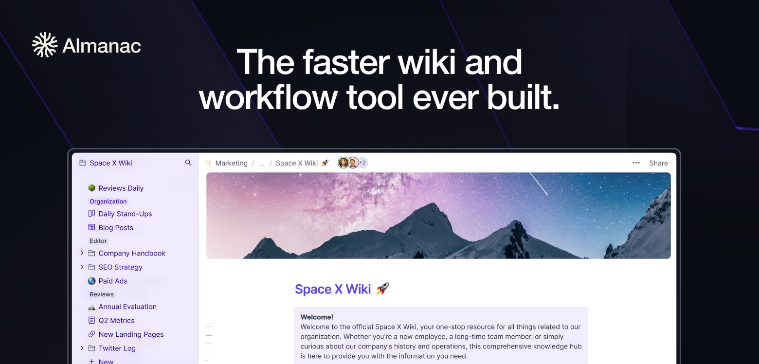 AlmanacDocs's tweet card. Consolidate your docs in a beautiful, organized Single Source of Truth to get 5 hours back every week.