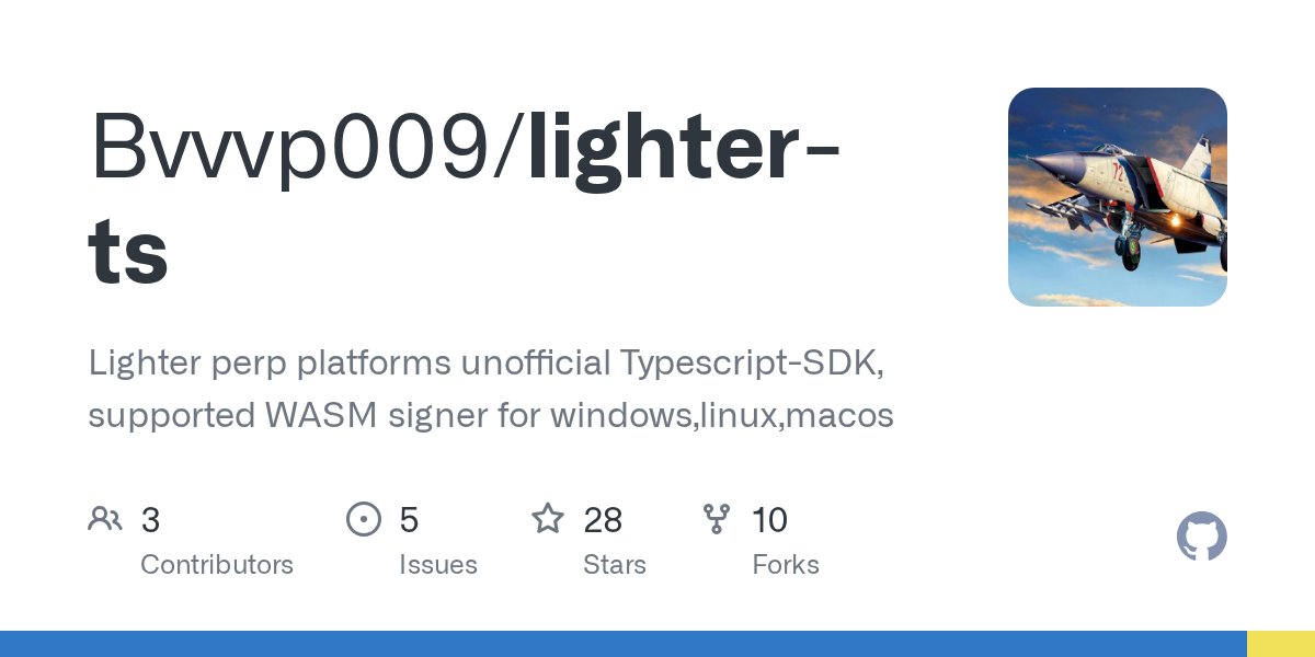 smartcrypto0's tweet card. Lighter perp platforms unofficial Typescript-SDK, supported WASM signer for windows,linux,macos - Bvvvp009/lighter-ts
