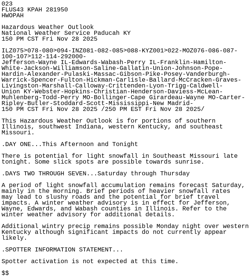 iembot_pah's tweet card. HWO issued by NWS PAH at 28 Nov 2025 19:50 UTC