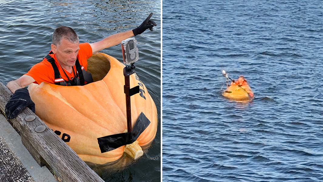 mtmjosh's tweet card. Pumpkin sailor breaks own record by paddling his latest edible boat down US river