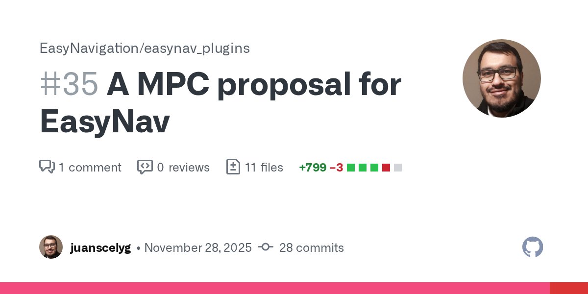 Fmrico's tweet card. Hi everyone, In this PR, I’m introducing a proposal to integrate an MPC controller into EasyNav as a plugin. I’ve been working on this, and the results are shown below: This implementation was tes...
