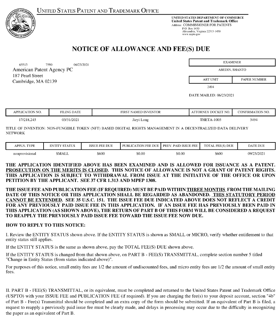 Theta_Network's tweet card. Theta Labs has just received patent application approval for USPTO Application №17/218,245 (“THETA-1003”), a technology developed for…